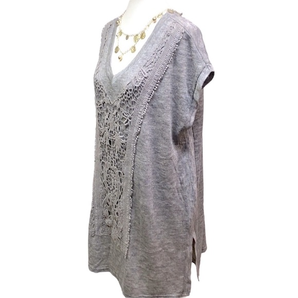 Anthro Ryu Sweater Tunic Lace Appliqué mini Pompom - Picture 2 of 4